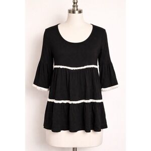 Umgee USA Black Boho Tiered Tunic Top Small White Crochet Trim Babydoll Blouses